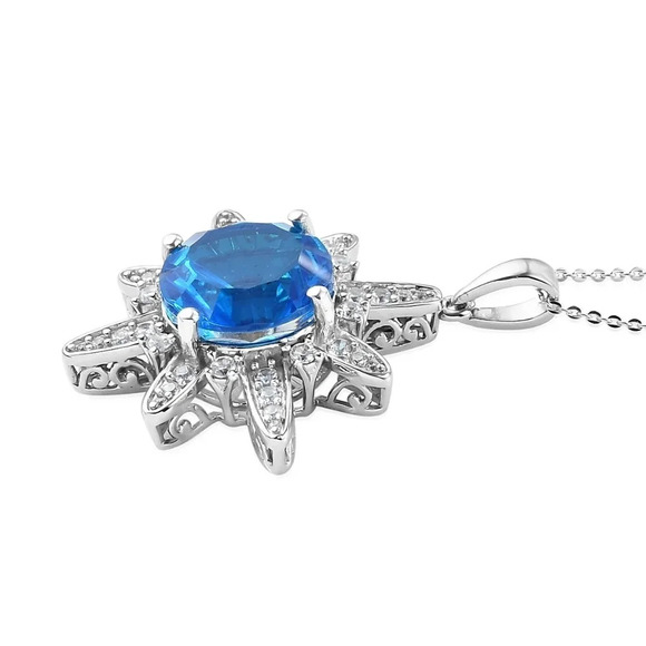 Caribbean Quartz & Natural White Zircon Accented Sunburst Pendant Necklace - Picture 6 of 8